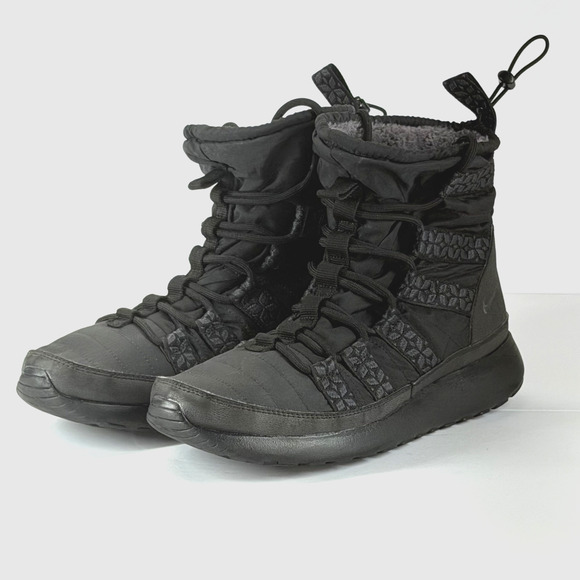 Nike Roshe Run Hi Women Size 9.5 Black Sneakerboots 615968-006 Faux Fur Winter - Picture 2 of 13